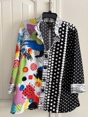 Ali Miles Black and White Polka Dot Top 3/4 sleeves size xl
